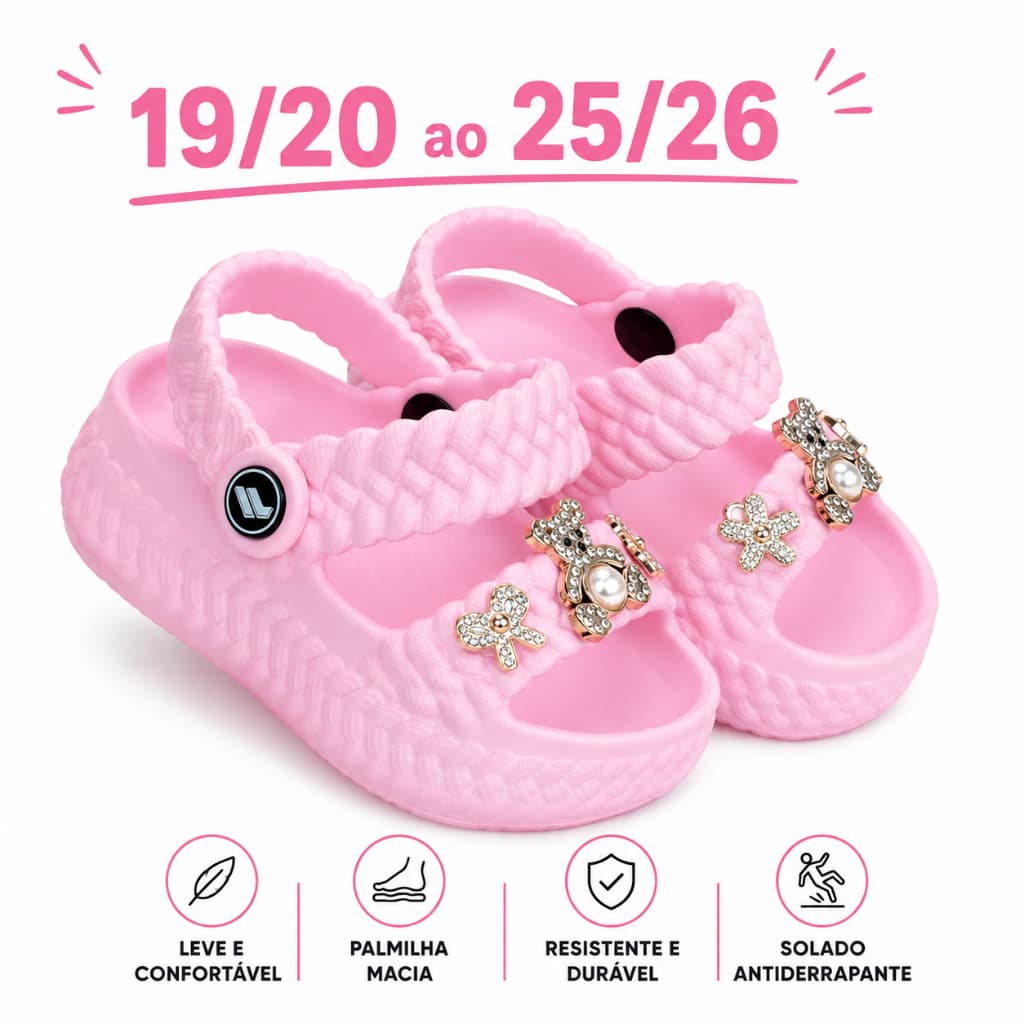 Sandália papete bebês meninas estilosas decorada com pingentes dourados bijoux material E.V.A super leve e confortável.