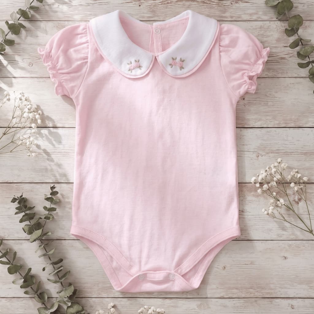 Body Bebê Menina Gola Bordada Flor Rococó 100% Algodão Manga Curta
