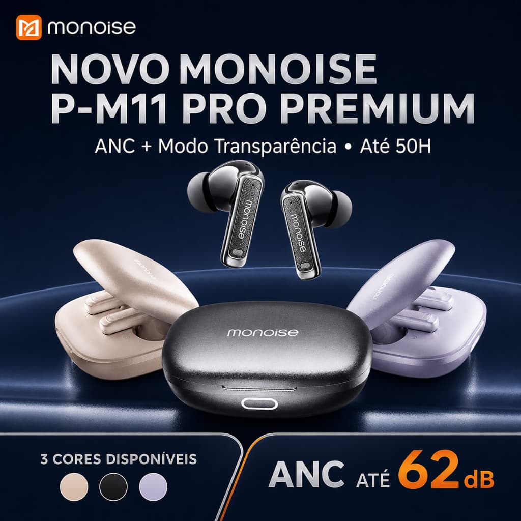 Fone de Ouvido Bluetooth com Cancelamento de Ruído ANC 62dB Sem Fio Monoise M114 Microfones Chamadas HD Controle Remoto