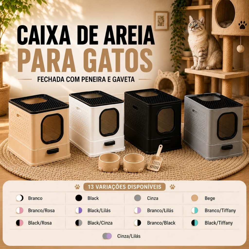 Caixa de Areia para Gato Sandbox Gato Fechada com Peneira Gaveta Sanitária Comedouros e Pá Premium