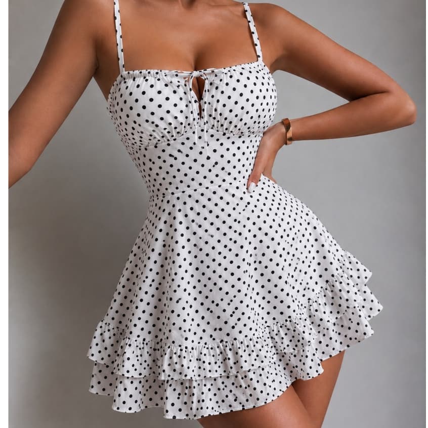 Vestido Crepinho Godê Feminino Curto de Crepe com Bojo Poá Bolinhas Alça Fina Babados Verão moda roupas femininas prince