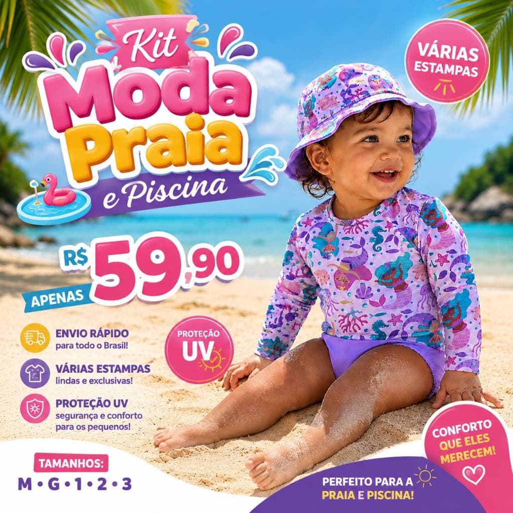 kit Bebê Blusa com Proteção Solar UV+Tapa Fralda(Calcinha do biquini) e+Chapéu- Moda Praia e Piscina Menina M ao 3