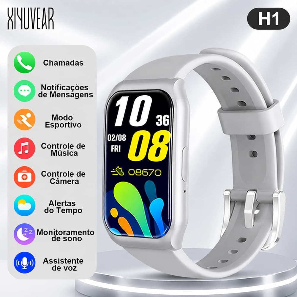 Relógio Inteligente H1 Prata Smartwatch Tela IPS HD 1,45" Ligações Bluetooth Música Foto Remota Android iOS