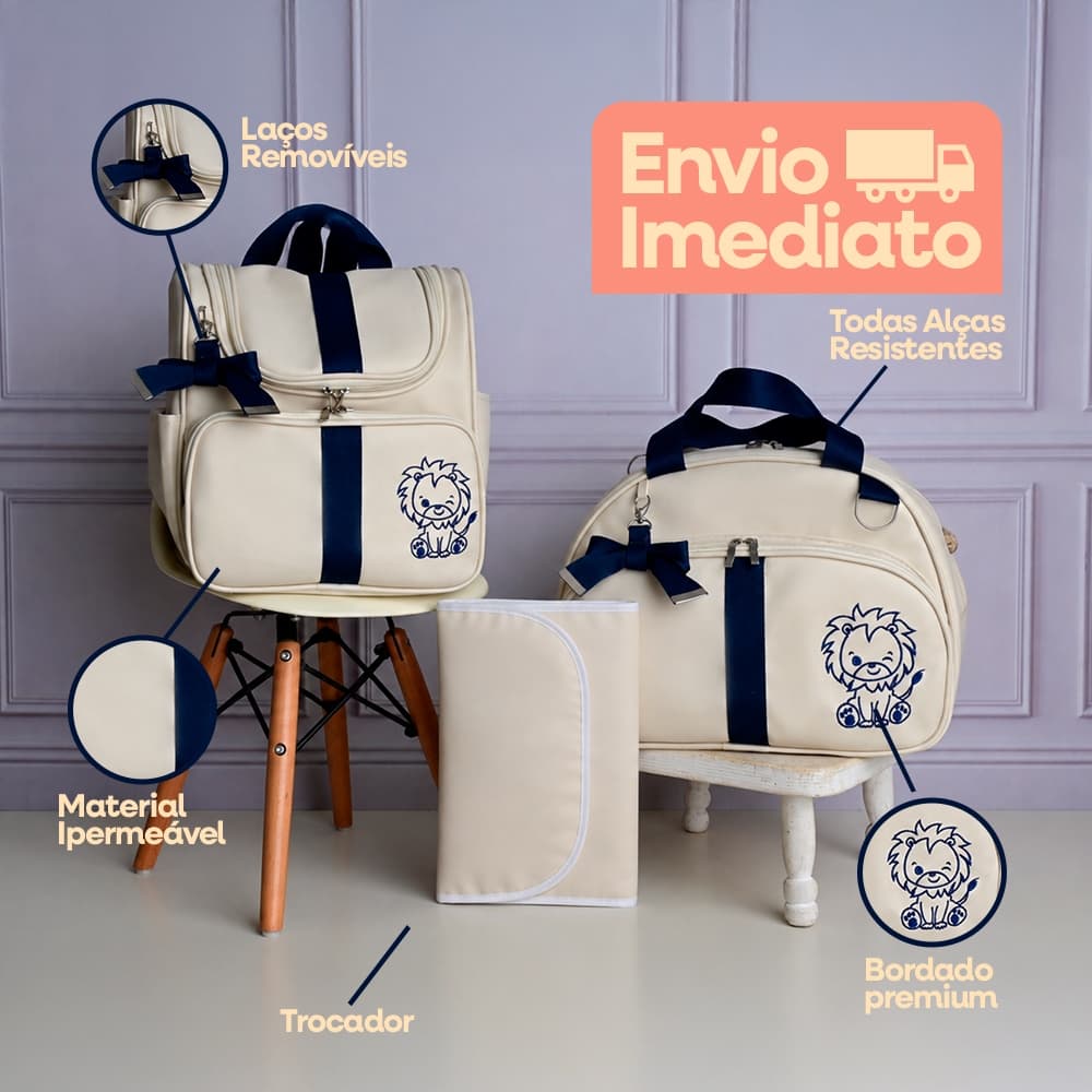 Kit Bolsa Maternidade 3 Peças Leão Bordada Menino Mochila Mala Trocador Impermeável Luxo Enxoval Bebê Gestante