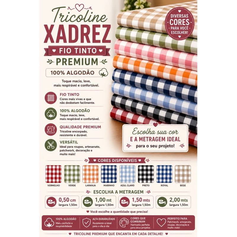 Tricoline Xadrez Fio Tinto Premium – 50cm x 1,50m – 100% Algodão – Patchwork e Artesanato