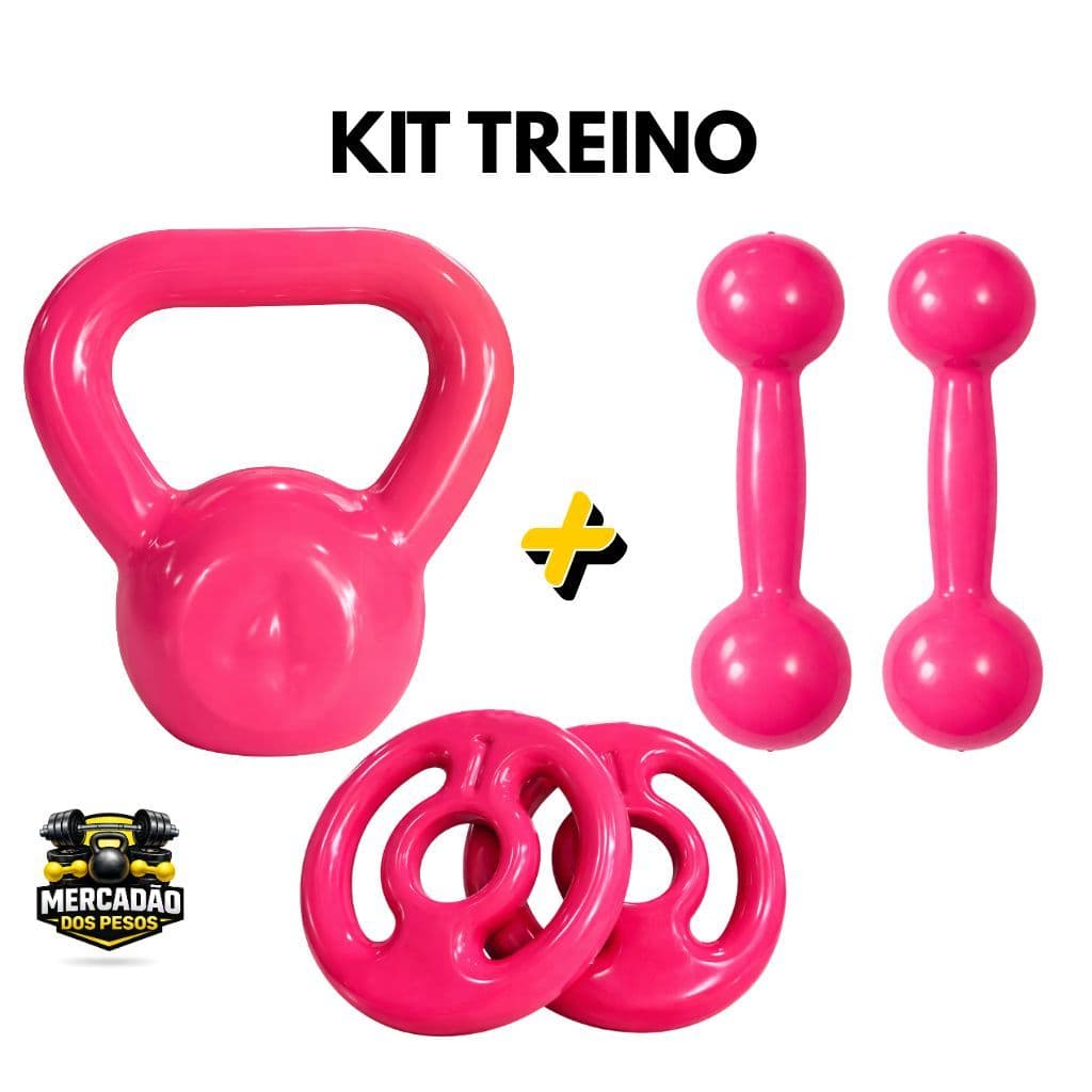KitTreino 2 Halter Bola 2 Anilhas 1 Ketlebell Emborrachados Na Cor Rosa - Treino em casa, Musculação, Pilates, Academia
