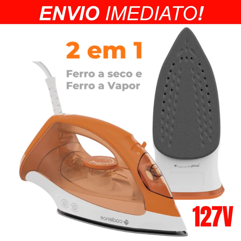 Ferro de Passar 2 em 1 a Vapor e Seco Cadence IRO210 Base Antiaderente e Spray de Água – LARANJA - 127V