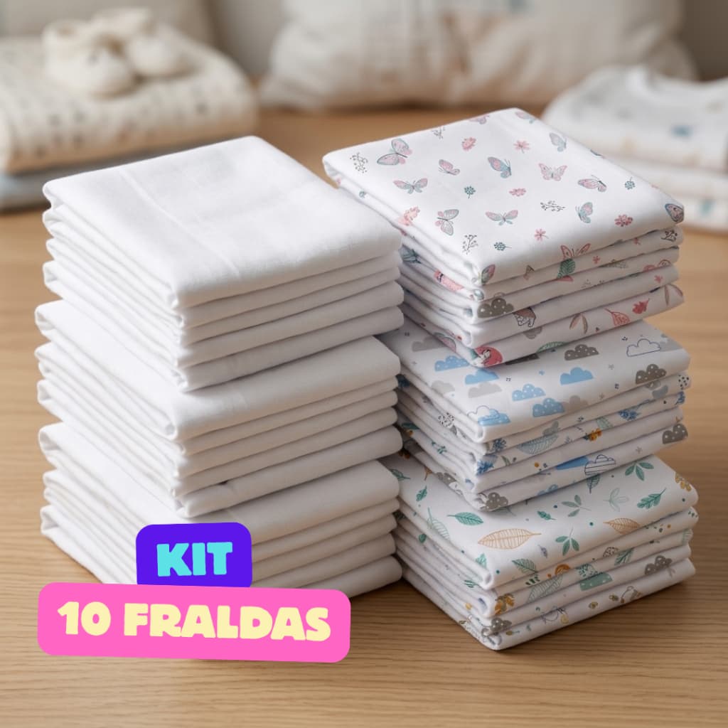 Kit com 10 Fraldas de Pano Bebê Brancas e Estampadas Finas 60x60 Papi Enxoval