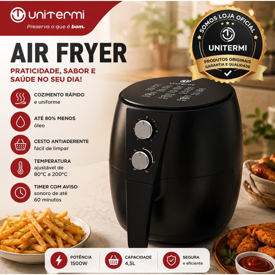 Fritadeira Air Fryer Elétrica Sem Óleo 4,8l antiaderente Alta Potência 1500W (PRETO)