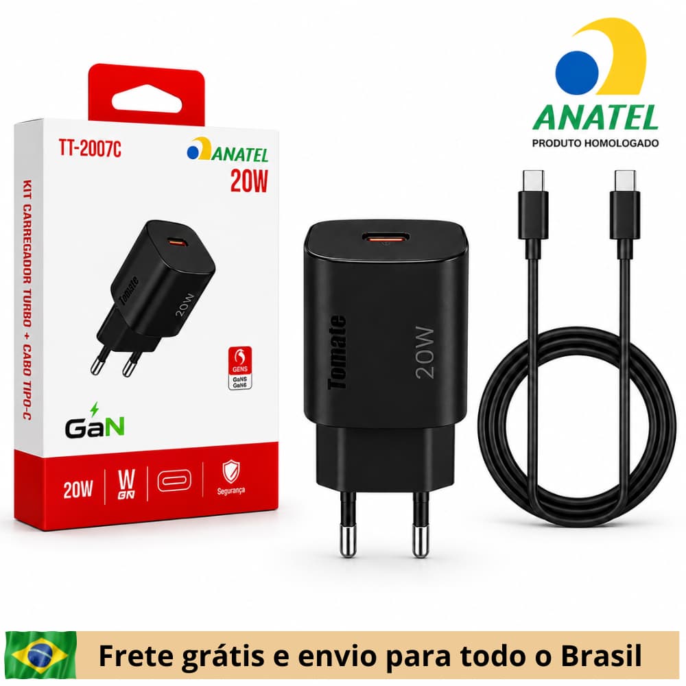 Carregador Turbo Tipo C 20W Completo USB-C Para Celular Android e IPhone Modelos Novos Carregamento Rápido Original
