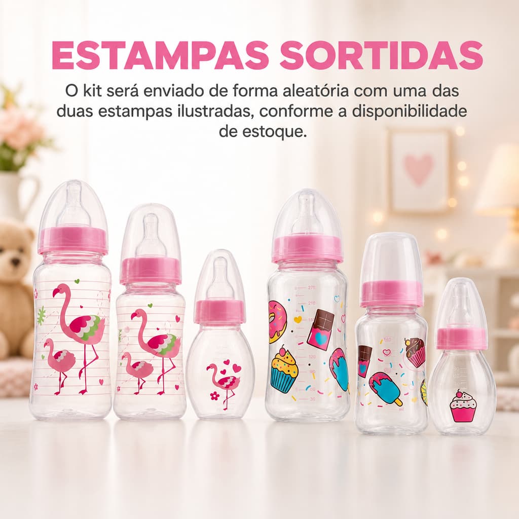 Kit 3 Mamadeiras 270ml 140ml 60ml bico silicone bebe enxoval rosa menina