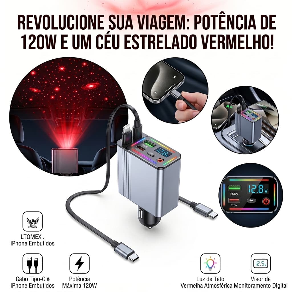 Carregador Veicular 120W AL-C118 180° Projeção de Estrelas Vermelhas Luz RGB USB Tipo-C Visor Digital
