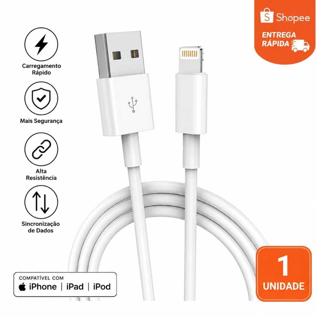 Cabo Lightning iPhone USB IOS 1 Metro Carregamento Rápido Turbo