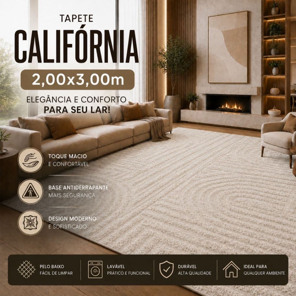 Tapete Grande Sala 2,00x3,00m Alto Relevo Moderno Macio Antiderrapante Quarto Decorativo California