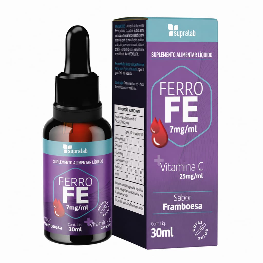 Ferro + Vitamina C em Gotas 30ml Supralab 7mg/ml Sabor Framboesa