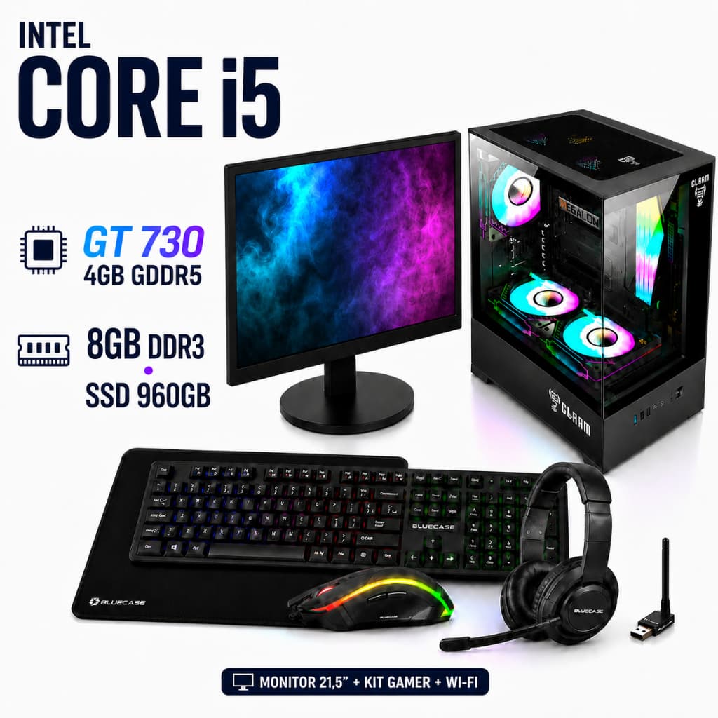 Desktop Gamer Core i5 2ª/3ª 8GB DDR3 SSD 960GB GT 730 4GB GDDR5 Monitor 21,5 Full HD Kit Gamer Wi-Fi