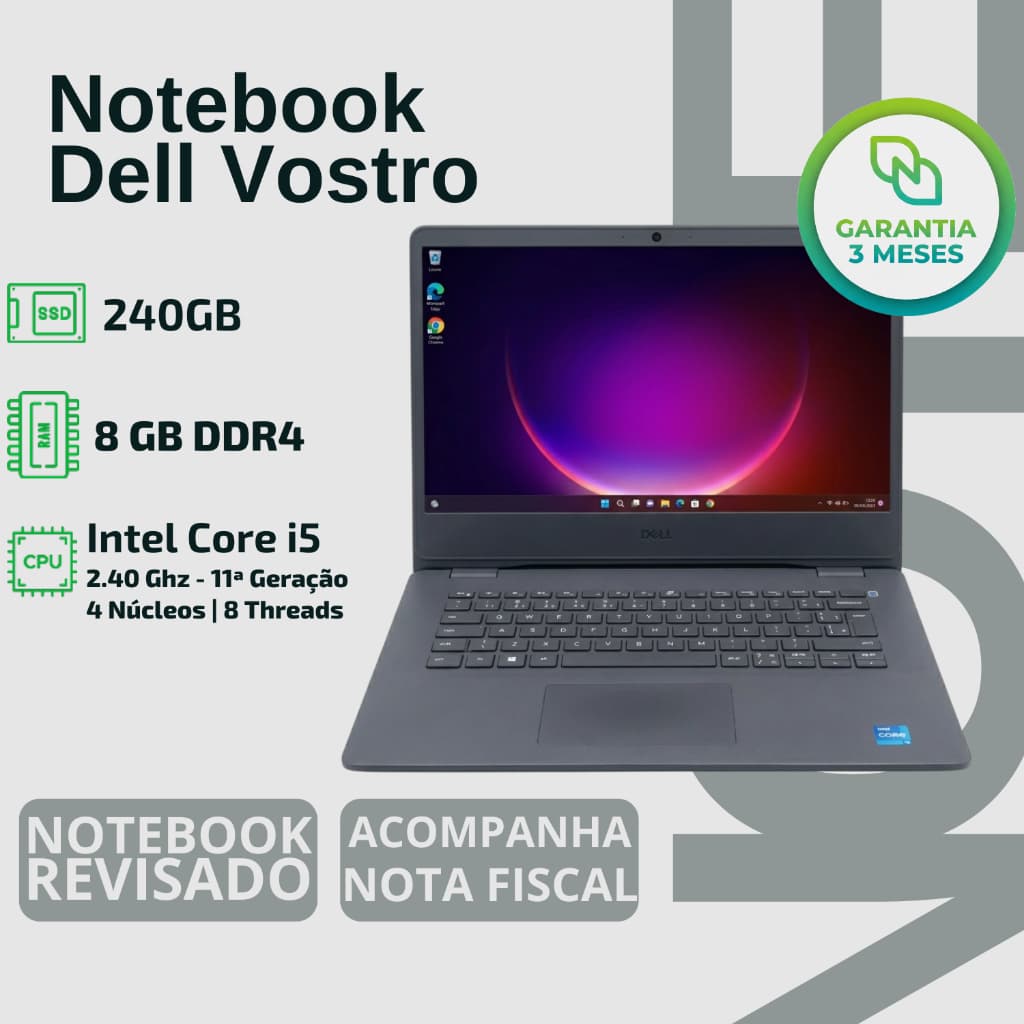 Notebook Dell 14 | Core I5 1135g7 | 8gb Ram | Ssd 240gb - CORPORATIVO PLANILHAS DOCUMENTOS OFFICE FACUL QUALIDADE