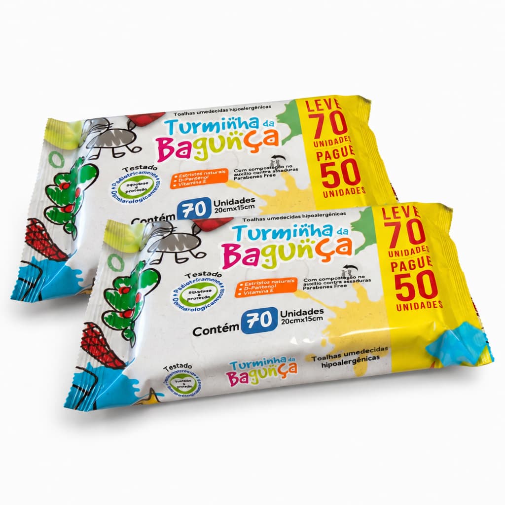 Kit 2 Pacotes Toalhas umedecidas para bebê Turminha da Bagunça 70 Folhas | Kit lenço umedecido bebê