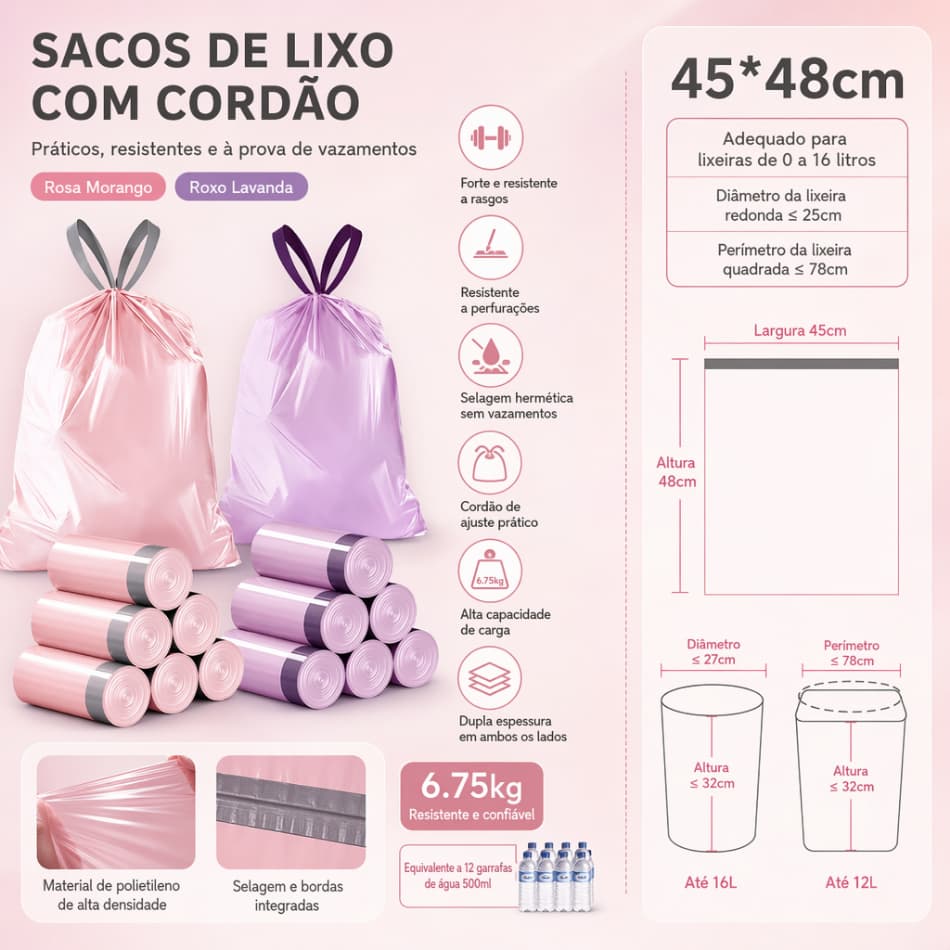 Saco de Lixo Aromático Repelente de Mosquitos e Insetos 50 Unidades Fechamento Automático com Alça Anti‑Vazamento