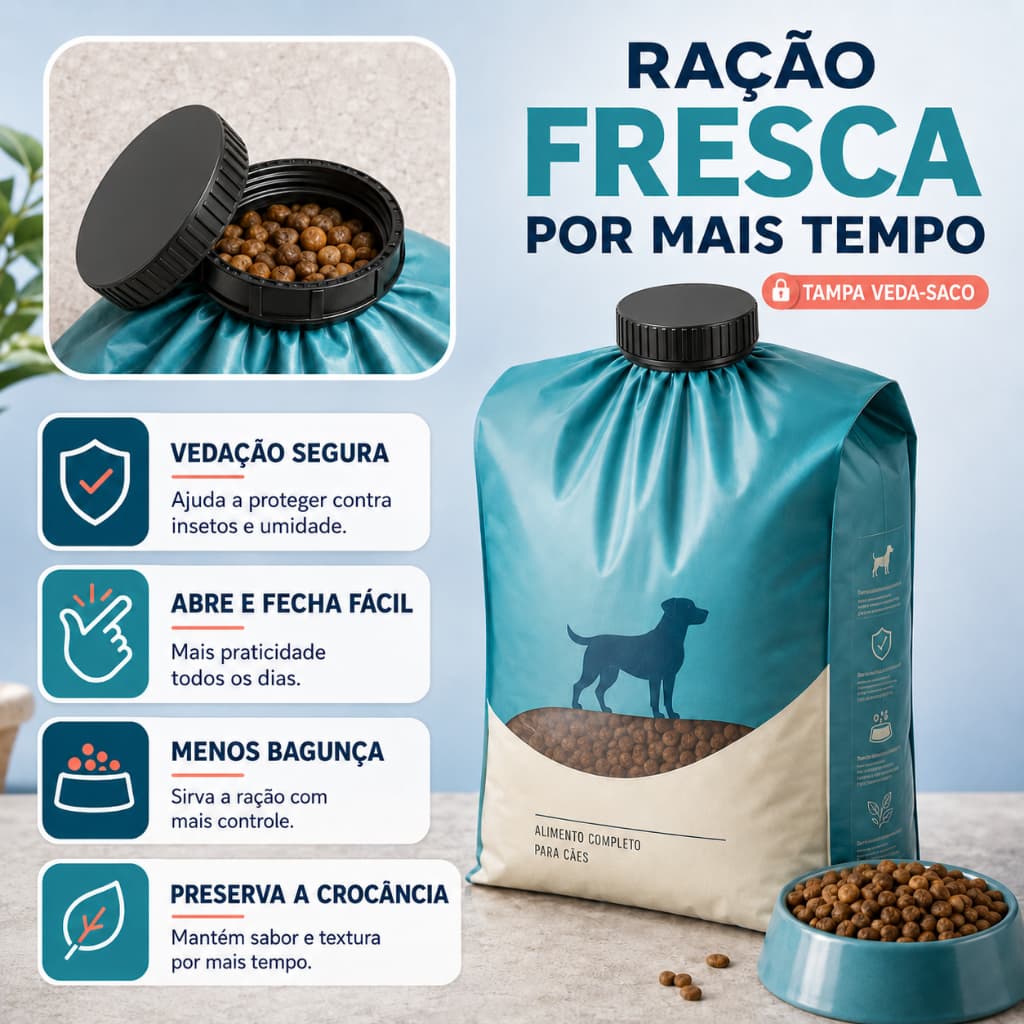 Tampa Rosca Universal Fecha Saco Hermetico - Racão, Café em Graos, Farinha e Alimentos
