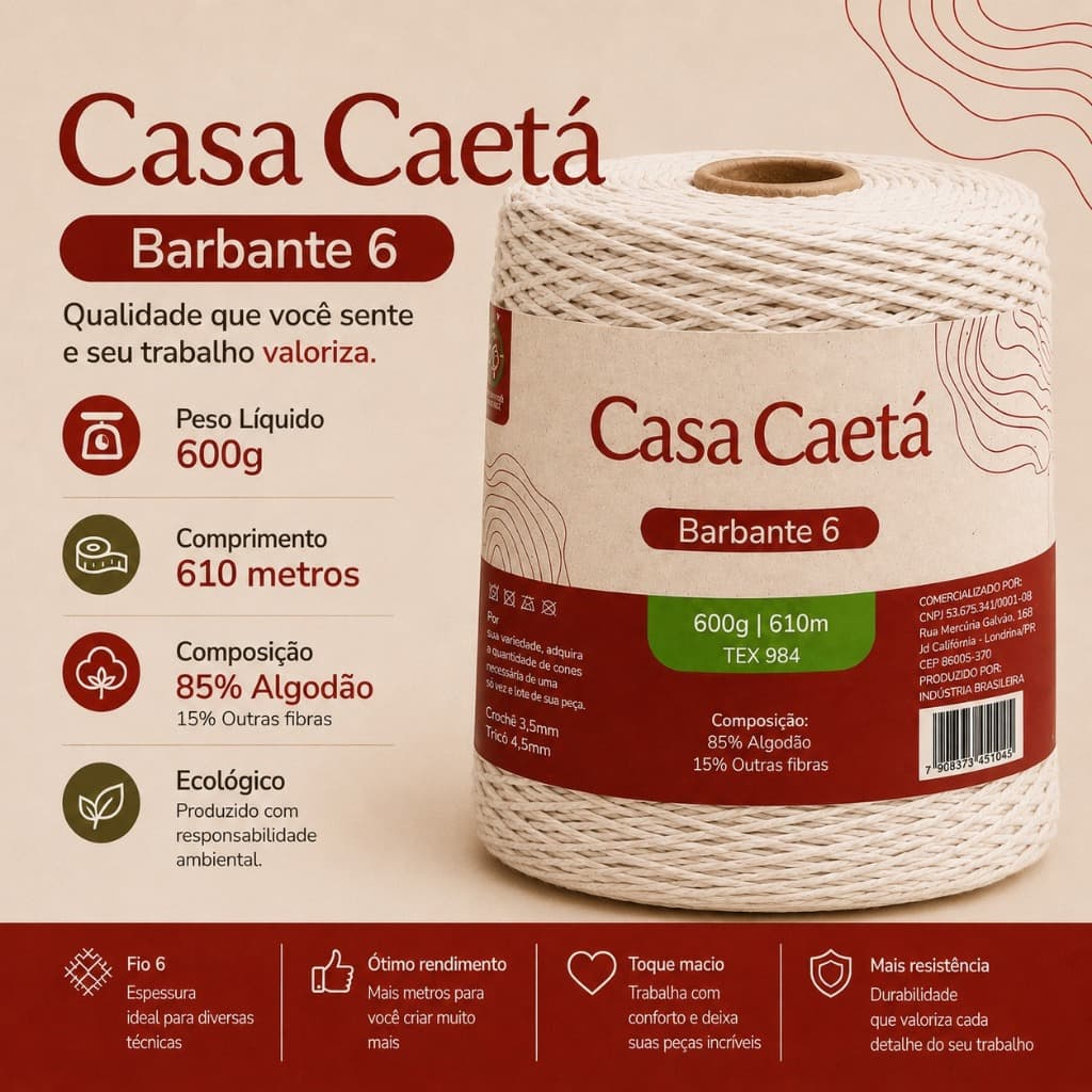 Barbante Para Crochê e Artesanato 6 Fios 600g  85% Algodão