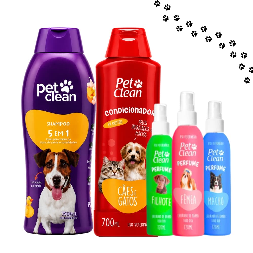 Kit Banho Higiene Shampoo 5 em 1 Condicionador Perfume Pet para Cachorro Gato Pet Clean