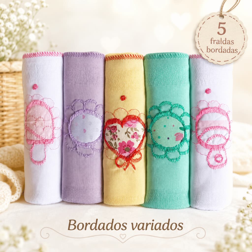 Kit 5 Fraldas de Pano para Bebê Bordadas Coloridas 70x70cm Tecido Duplo 100% Algodão Enxoval Bebê Menina