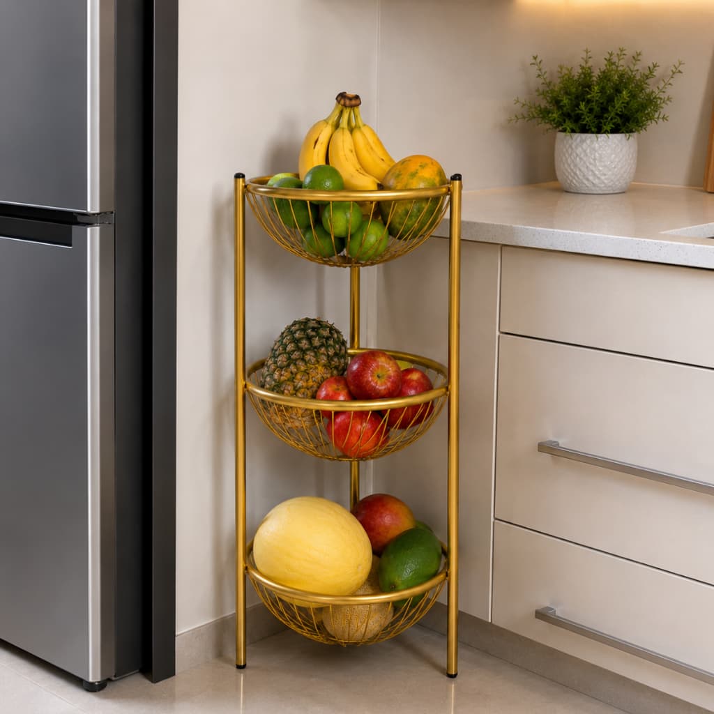 Fruteira 3 Andares de Chão Dourada Aramada Organizadora Multiuso Frutas e Legumes Cozinha Sala de Jantar