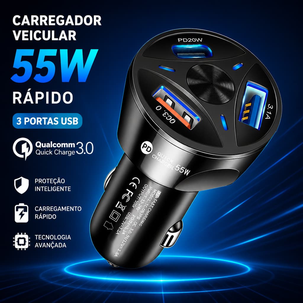 Carregador Veicular 3 Portas USB QC3.0 Carga Rápida Compatível 12V 24V para Celular Tablet Viagem Automotivo