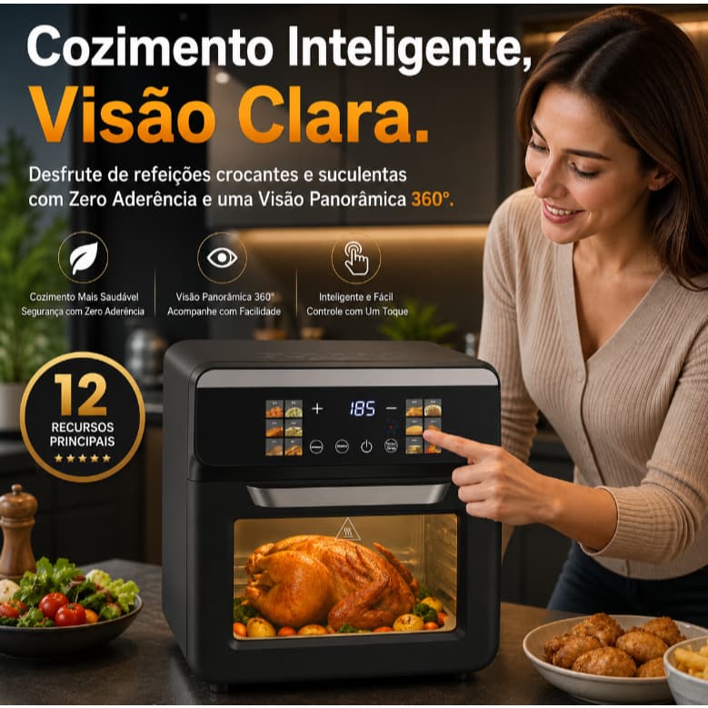 Fritadeira Air Fryer Forno 12L 2 em 1 1500W Preta Sem Óleo Forno 220V/127V 10 Funções Painel Touch Digital