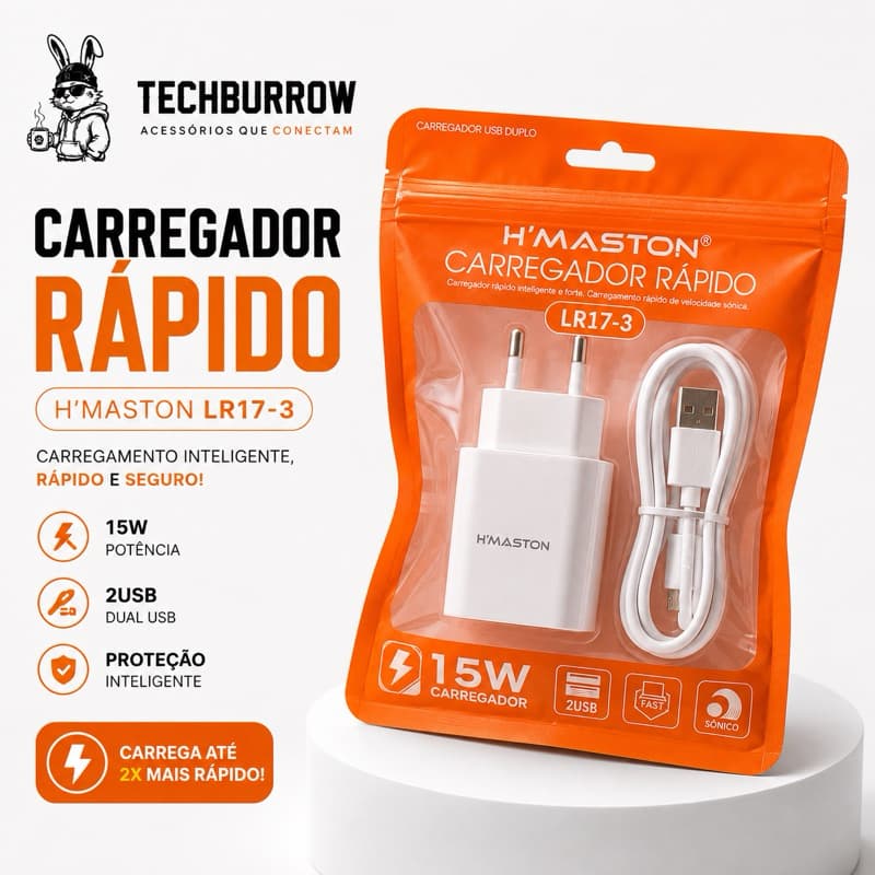 Carregador Celular H'Maston – 2 USB, Rápido e Seguro - LR17-3