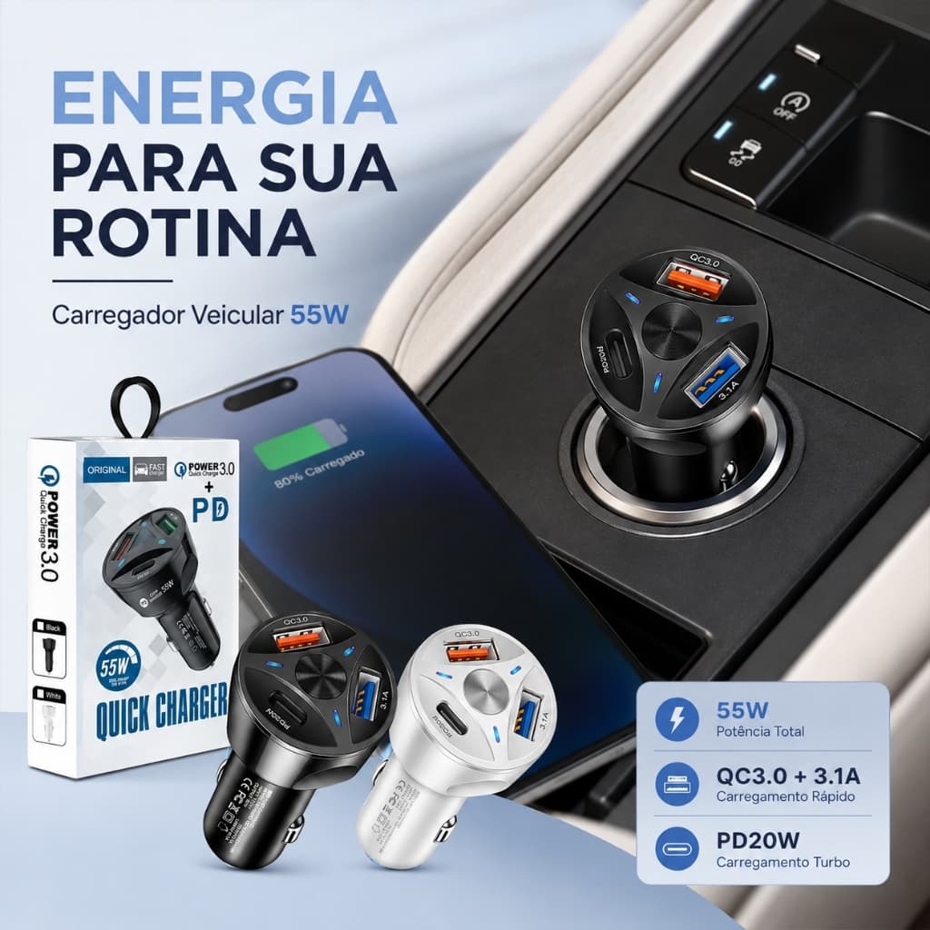 Carregador Veicular 55W 3 Portas USB-C PD20W QC3.0 Carga Rápida para Celular GPS Carro Preto Branco