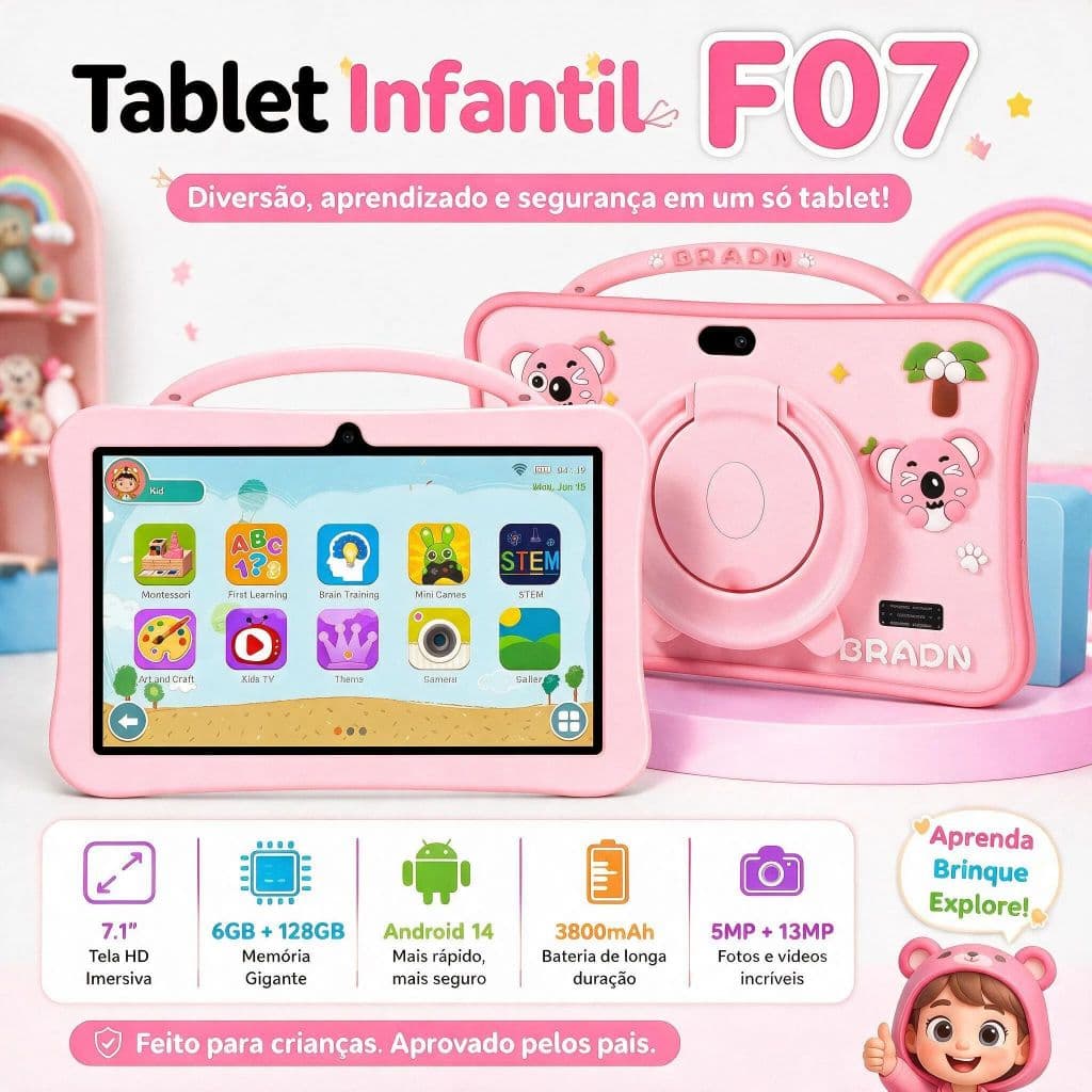 [Alça de ombro grátis] F07 Tablet Kids 7 polegadas wifi bluetooth Android  6GB+128GB
