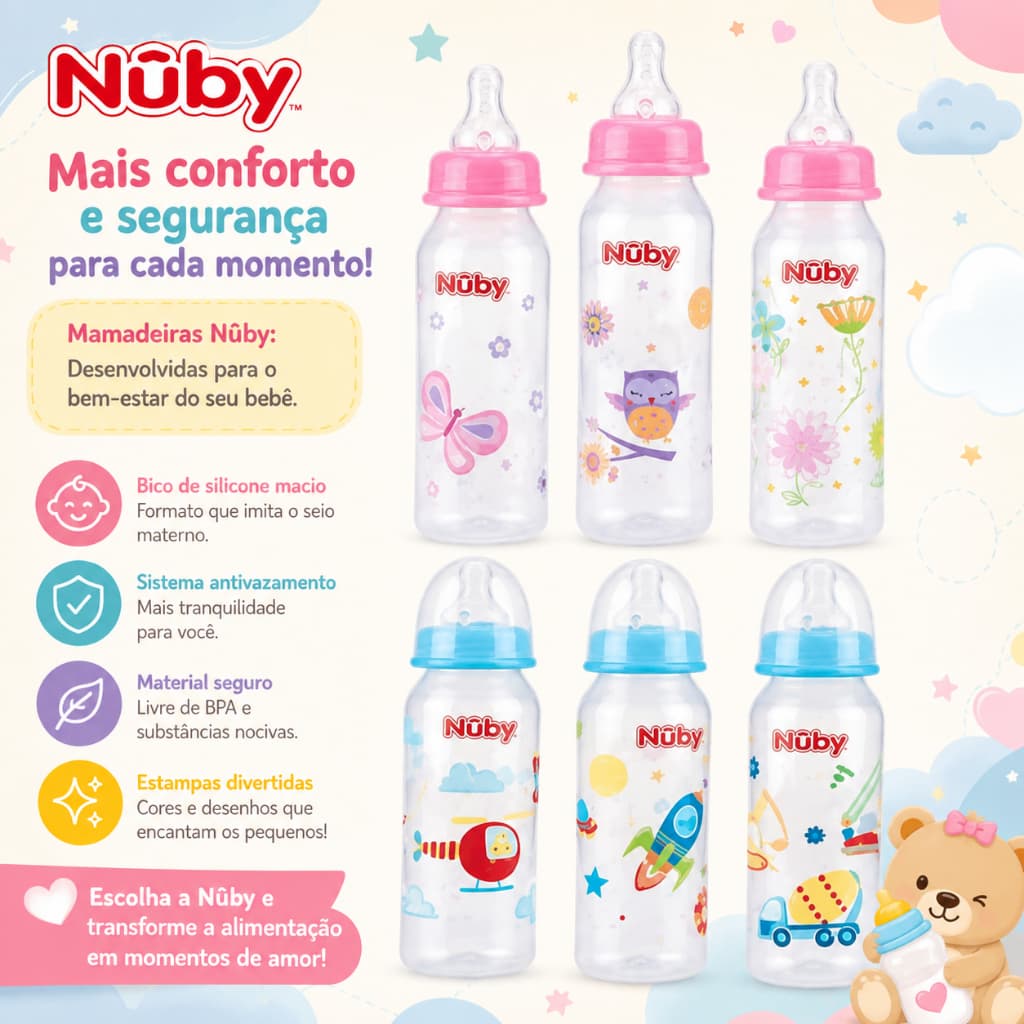 mamadeiras para bebe  Estampada Bico Normal 240ml nuby