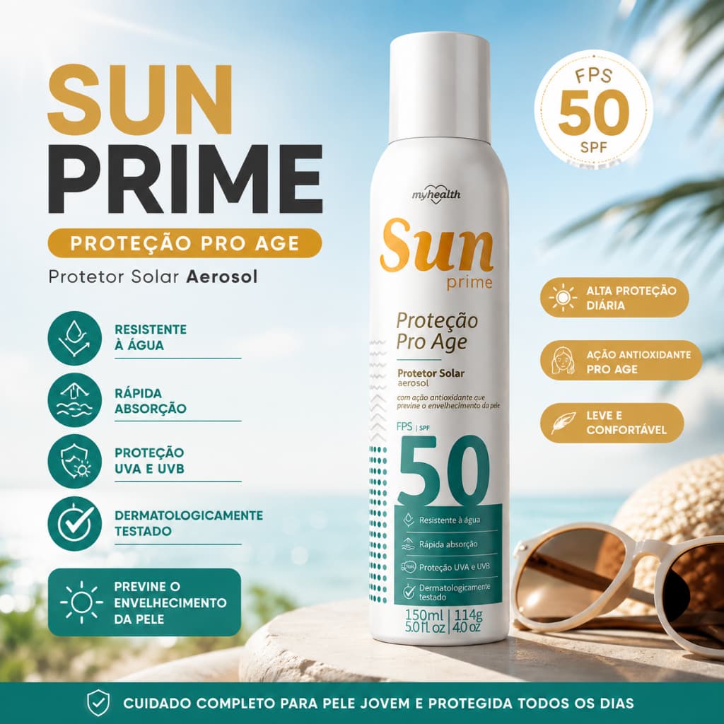 Protetor Solar Spray Aerosol FPS 50 Facial Corporal Resistente à Água Sun Prime My Health 150ml
