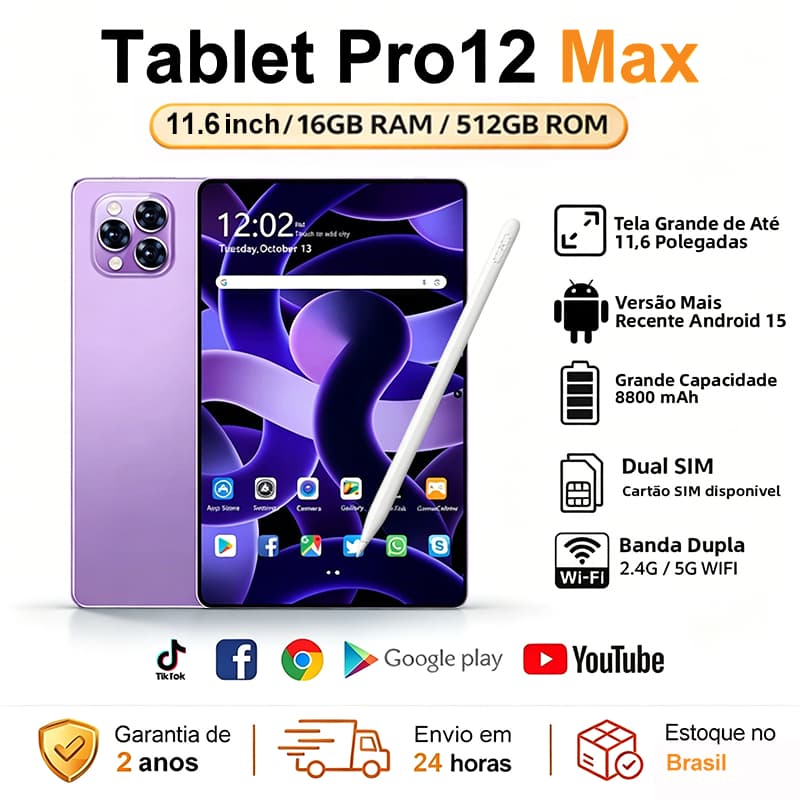 Galaxy Pro12 Max 16+512GB Android 15 Tela 11,6" FHD 8800mAh 5G LTE