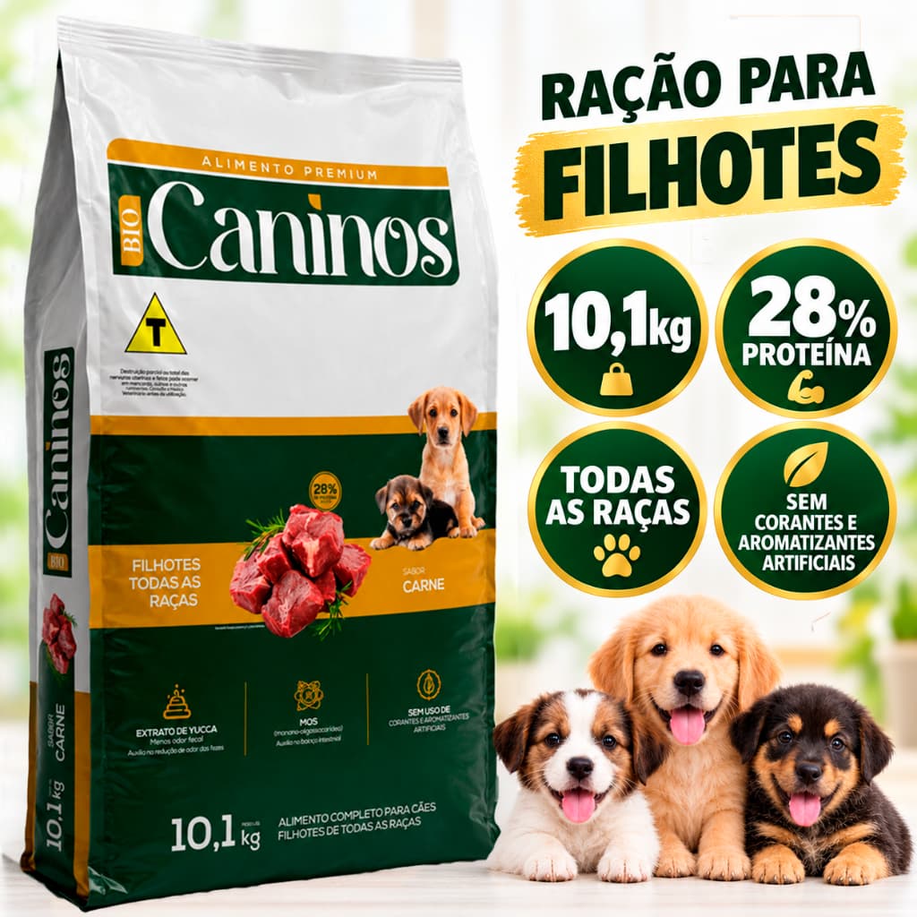 Ração para Cachorro Filhote Caninos 10,1kg Premium Sabor Carne 28% Proteína Sem Corantes Todas as Raças