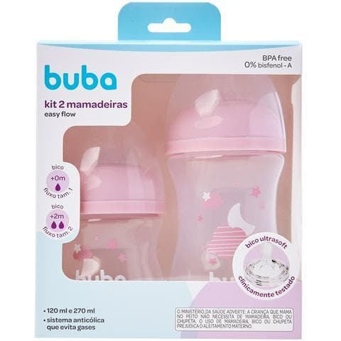 Kit 2 Mamadeira Bebê Anticólica Buba Easy Flow 120ml E 270ml