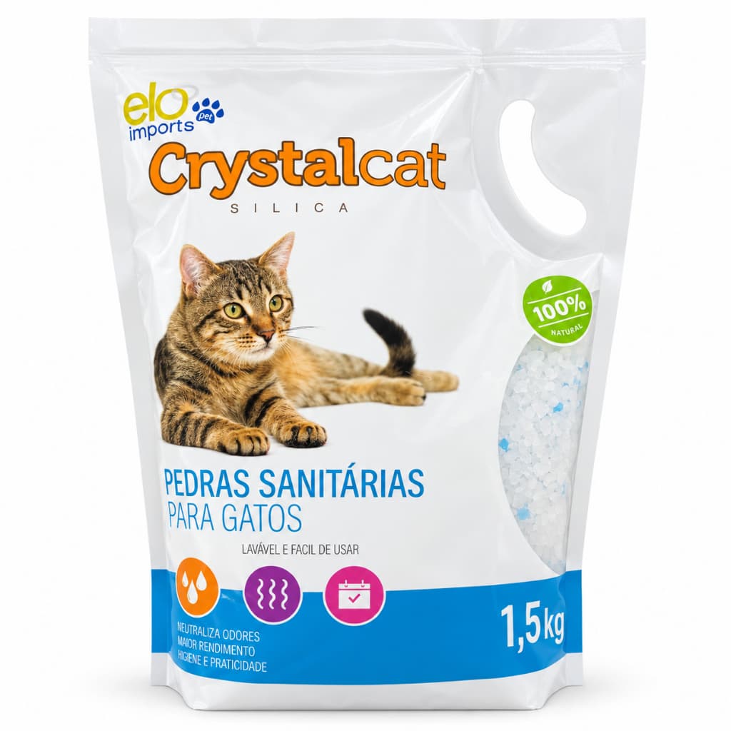 Areia Sanitária Sílica Grossa Cristais para Gatos Crystalcat 1,5kg Alta Absorção Controle de Odor
