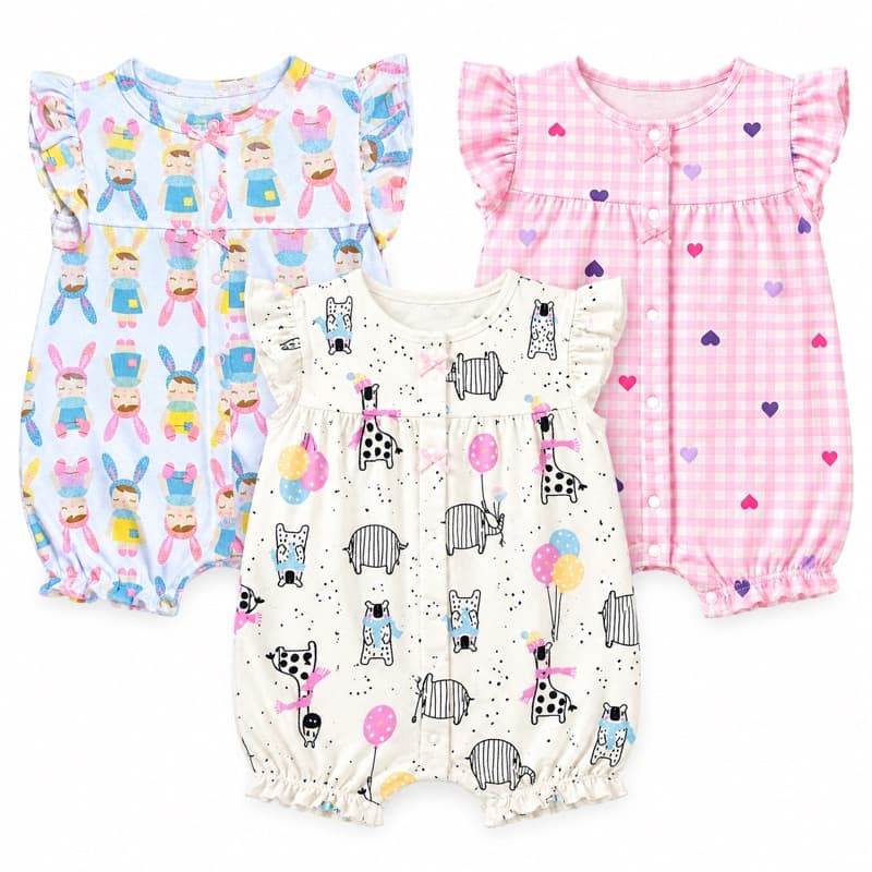 Macacão Bebê Menina 0 a 12 Meses- Algodão 100% Curto Verão Roupa Bebê Confortável