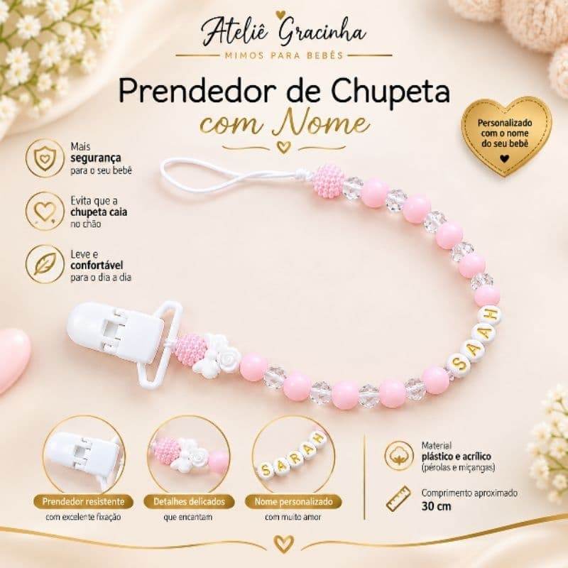 Prendedor de Chupeta Personalizado com Nome | Chupeta Bebê | Acessório Infantil com Pérolas e Contas