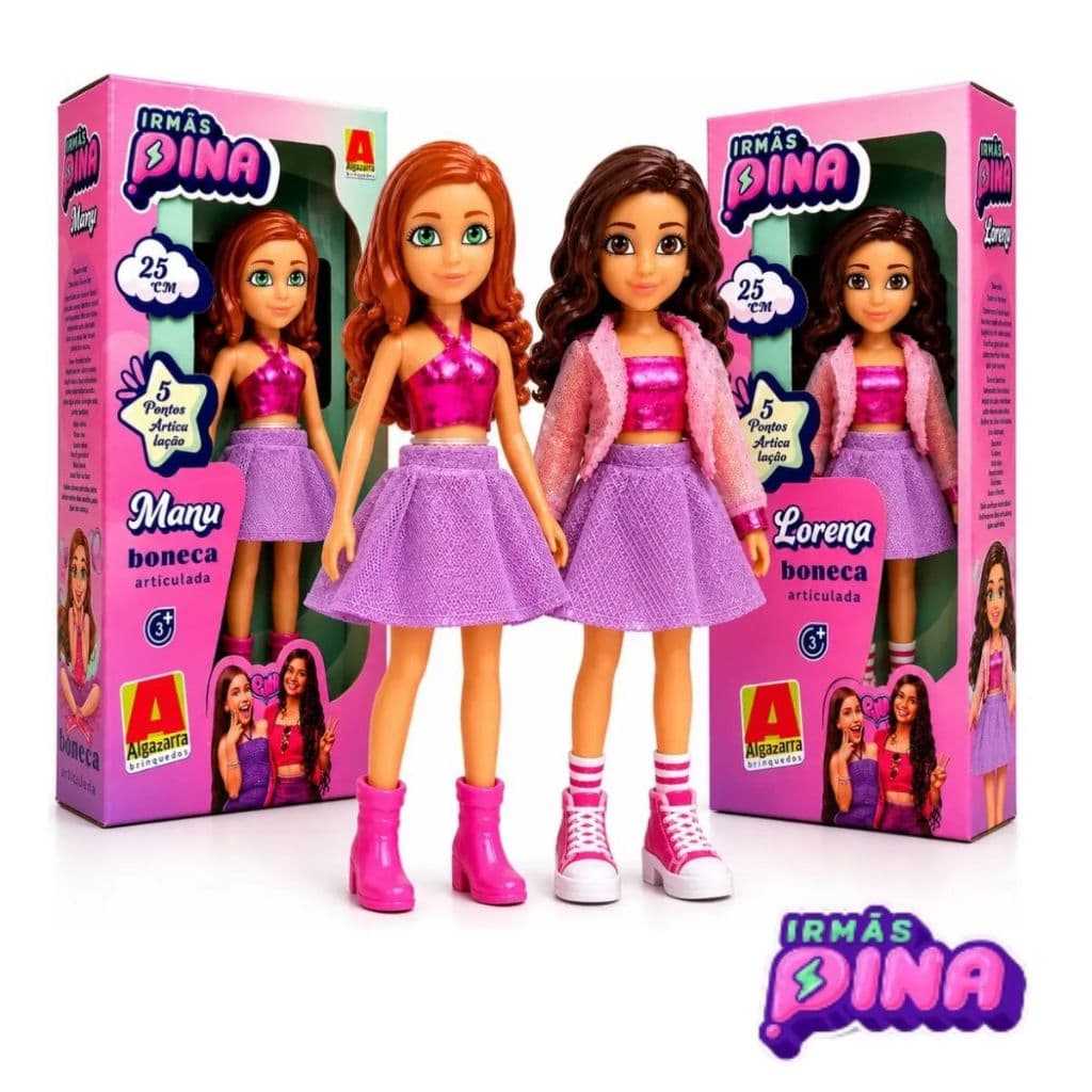 Bonecas Irmãs Pina Articuladas 25 cm - Vinil / Manu e Lorena - Algazarra