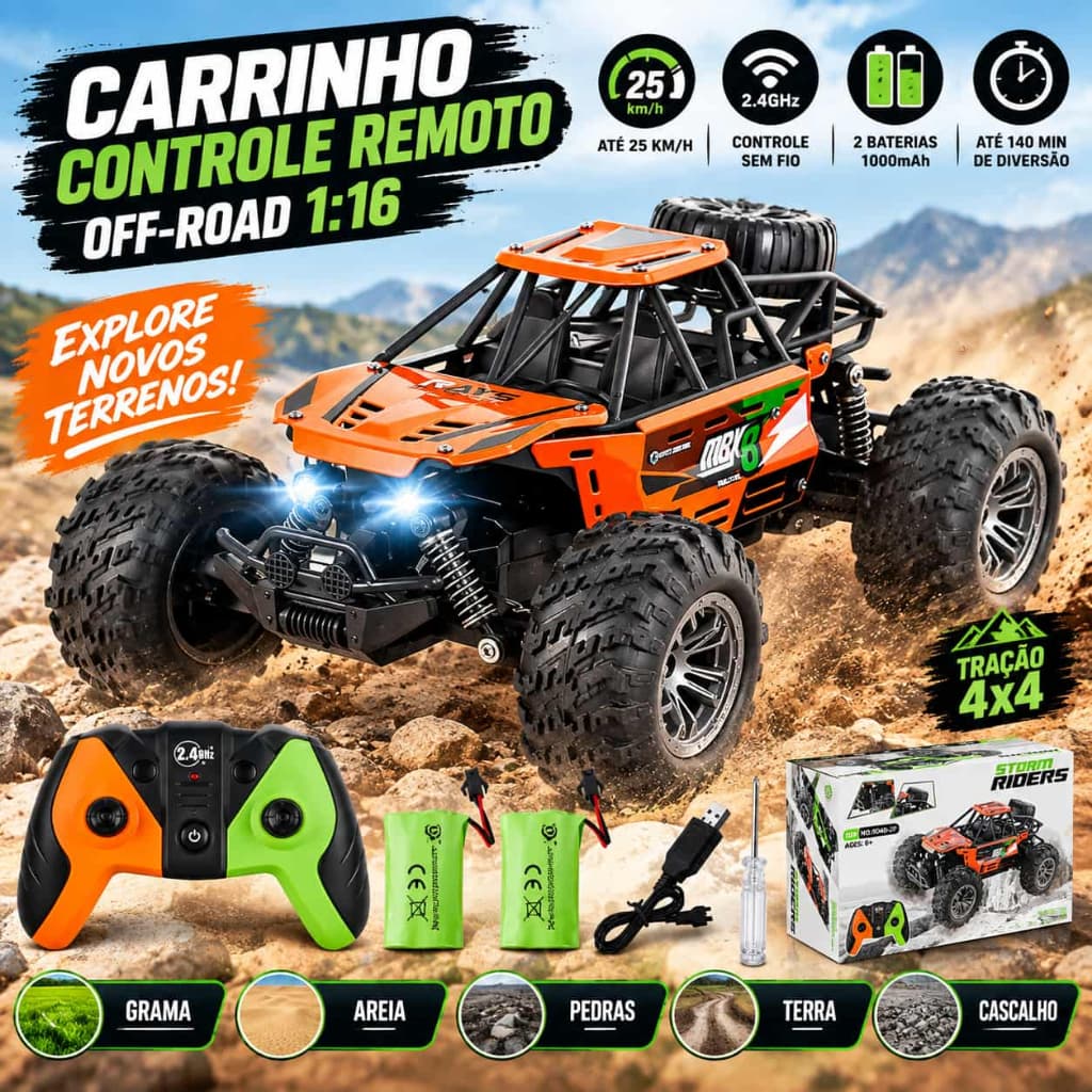 Carrinho Controle Remoto Off-Road 1:16 25km/h 2.4GHz 2 Baterias 1000mAh LED 140 Min