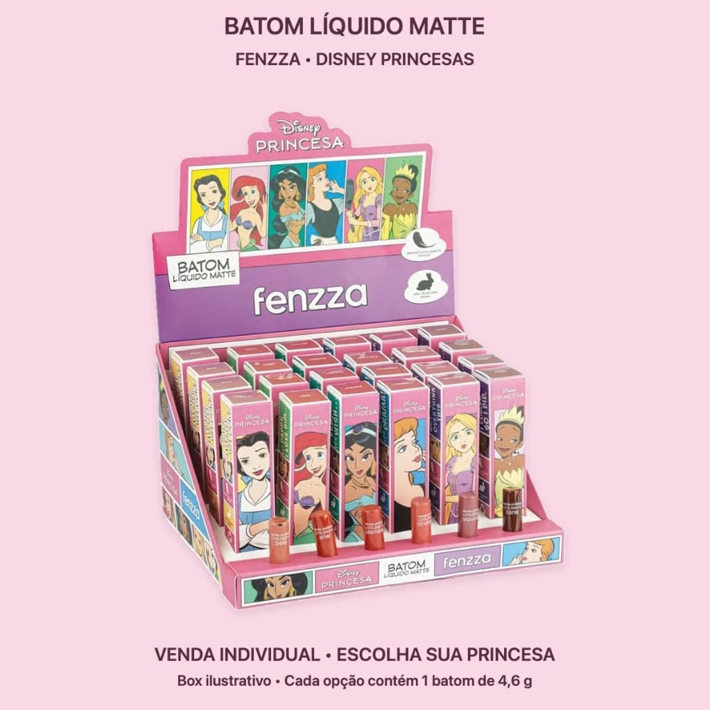 Batom Líquido Matte Fenzza Disney Princesas 4,6g Bela Ariel Jasmine Cinderela Rapunzel Tiana 1 Unidade