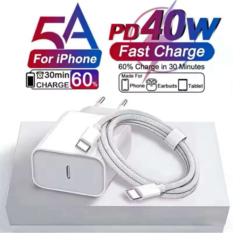 Carregador PD 40W usb C com cabo de carregameto rápido para iPhone, cabo tipo C, carregador rápido de celular