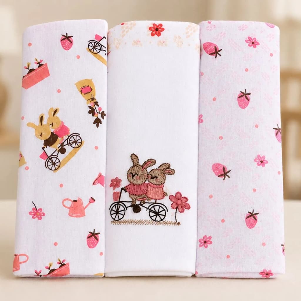 Cueiro Bebê Flanelado 100% Algodão | Kit 3 Unidades 80x80cm | Enxoval Recém-Nascido Baby Nice