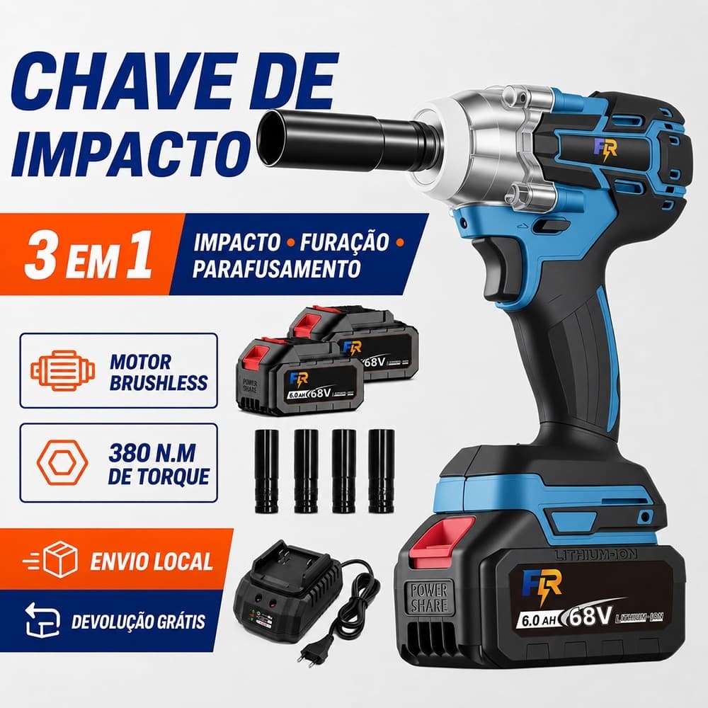Chave de Impacto a Bateria 68V Brushless 3 EM 1 Parafusadeira e Furadeira com Baterias 4 Soquetes