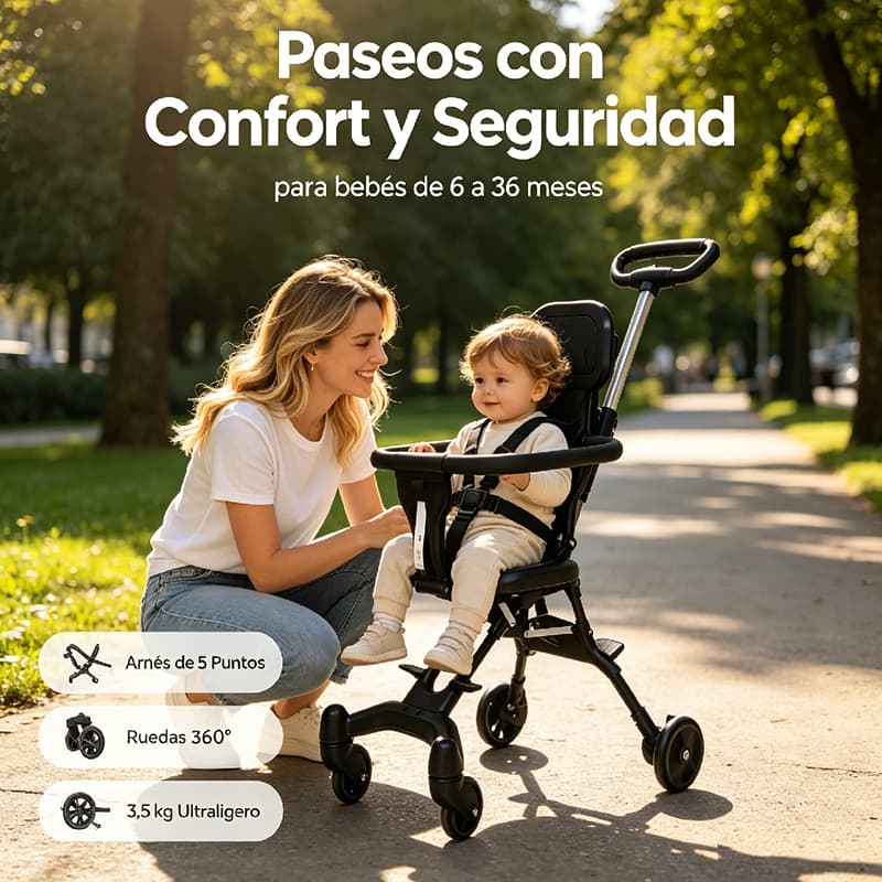 Carrinho de Bebê Portátil Dobrável 3,5kg Leve 6-36 Meses Bidirecional Sem Instalação Rodas 360° Arnês 5 Pontos