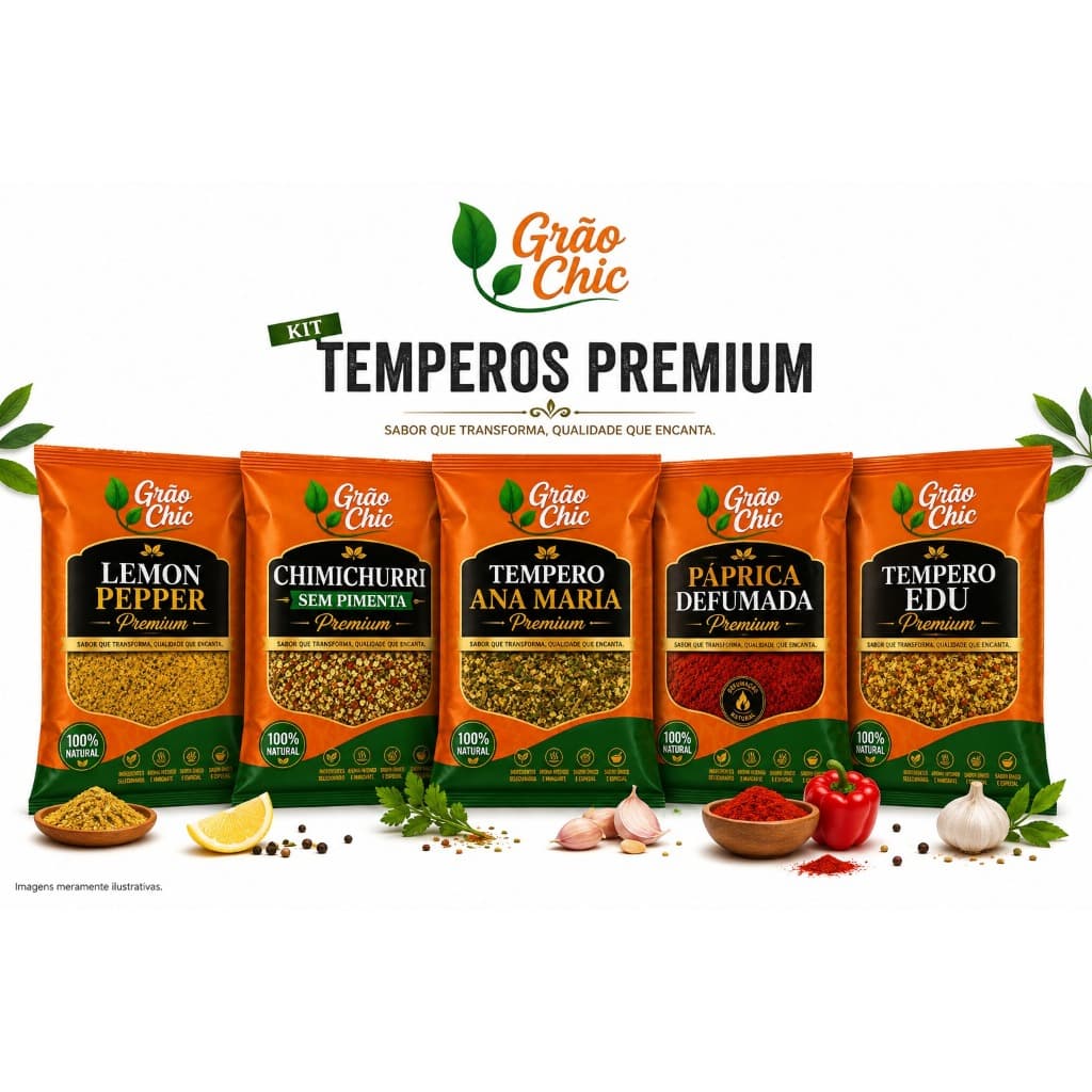 Kit Temperos Naturais Premium 500g Chimichurri, Lemon Pepper, Páprica Defumada, Edu e Ana Maria 100g cada