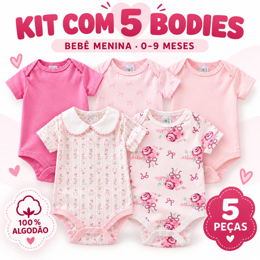 Kit 5 Bodies Bebê Menina Manga Curta Estampado Algodão Conjunto Roupa Infantil 0-9 Meses